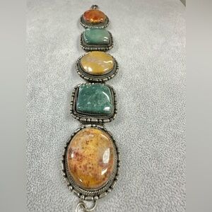 Vintage Artisan Indian Jasper Stone Silver Tone Chunky Boho Earth Tone Bracelet